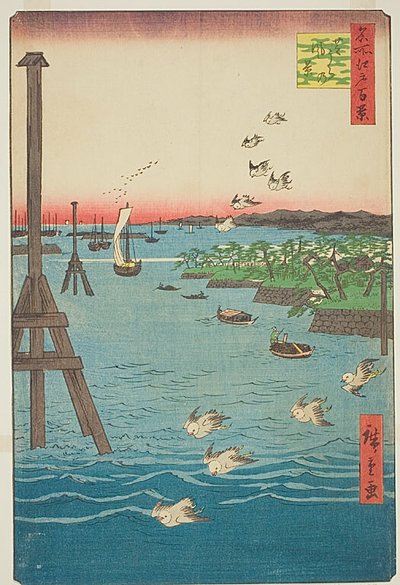 Widok wybrzeża Shiba (Shibaura no kei), z odcieniami jasnoniebieskiej wody, nr 108 z serii Sto słynnych widoków Edo (Meisho Edo hyakkei) autorstwa Utagawa Hiroshige