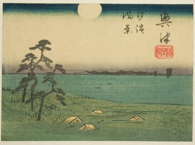 Widok Shiohamy i Kiyomigaseki w Okitsu (Okitsu, Kiyomigaseki, Shiohama fukei), fragment arkusza nr 4 z serii „Wycinane obrazy drogi Tokaido (Tokaido harimaze zue)” autorstwa Utagawa Hiroshige