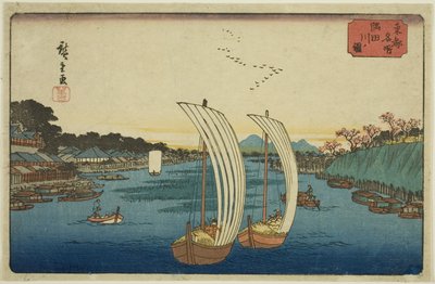 Widok na rzekę Sumida (Sumidagawa no zu), z cyklu „Słynne miejsca we wschodniej stolicy (Toto meisho)” autorstwa Utagawa Hiroshige
