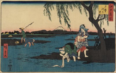 Wieś nad rzeką Tamagawa, marzec 1858 autorstwa Utagawa Hiroshige