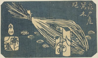 Rzeźby w drewnie gajówki i małże z Kameido (Kameido san Uguisu ki shijimi), fragment arkusza z serii „Wycinanki znanych miejsc w Edo (Harimaze Koto meisho)” autorstwa Utagawa Hiroshige