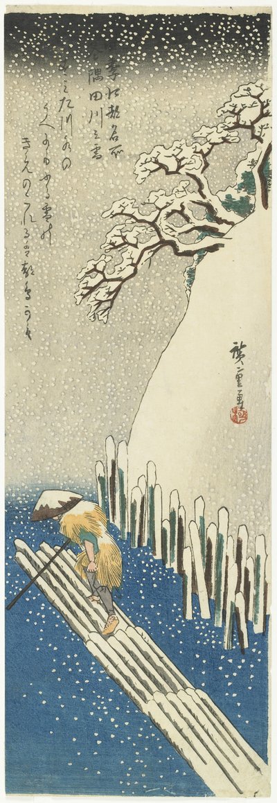 Zima: Śnieg nad rzeką Sumida, ok. 1834 r. autorstwa Utagawa Hiroshige