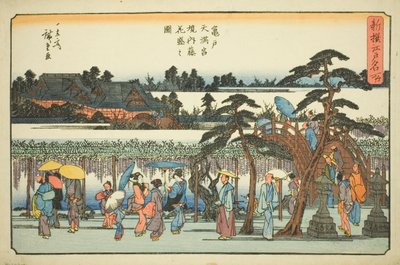 Glicynia w pełnym rozkwicie na terenie świątyni Kameido Tenmangu (Kameido Tenmangu keidai fuji hanazakari no zu), z serii „Nowo wybrane słynne miejsca w Edo (Shinsen Edo meisho)” autorstwa Utagawa Hiroshige