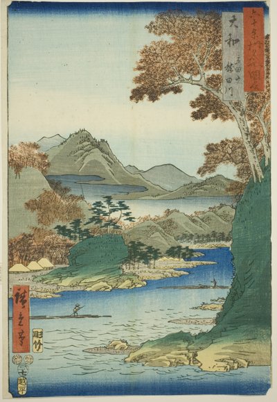Prowincja Yamato: Góra Tatsuta i rzeka Tatsuta (Yamato, Tatsutayama, Tatsutagawa), z serii „Słynne miejsca w sześćdziesięciu nieparzystych prowincjach (Rokujuyoshu meisho zue)” autorstwa Utagawa Hiroshige