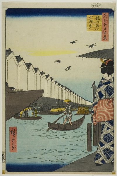 Prom Yoroi, Koami-cho (Yoroi no watashi Koami-cho), z serii "Sto słynnych widoków Edo (Meisho Edo hyakkei)". autorstwa Utagawa Hiroshige