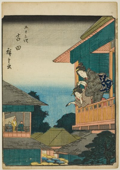 Yoshida, z serii „pięćdziesiąt trzy brzmienia Stachi” „miejskości” (następna Goshuyama) autorstwa Utagawa Hiroshige