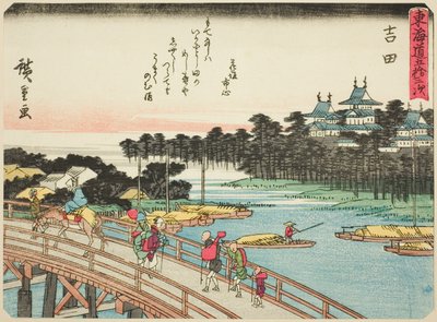 Yoshida, z serii „Pięćdziesiąt trzy stacje Tokaido (Tokaido gojusan tsugi),” znany również jako Tokaido z wierszem (Kyoka iri Tokaido) autorstwa Utagawa Hiroshige