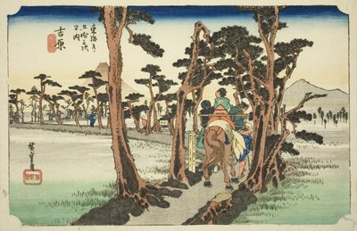 Yoshiwara: Góra Fuji po lewej (Yoshiwara, hidari Fuji), z serii „Pięćdziesiąt trzy stacje drogi Tokaido (Tokaido gojusan tsugi no uchi),” znana również jako Hoeido Tokaido autorstwa Utagawa Hiroshige