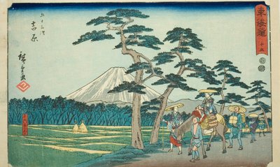 Yoshiwara: The Famous Sight of Mount Fuji on the Left (Yoshiwara, meisho hidari Fuji)—No. 15, from the series "Fifty-three Stations of the Tokaido (Tokaido gojusan tsugi)," also known as the Reisho Tokaido autorstwa Utagawa Hiroshige