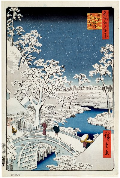 Yuhi Hill i Drum Bridge w Meguro Sto słynnych widoków Edo, 1856-1858. autorstwa Utagawa Hiroshige