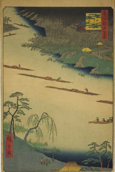 Wszystkie historie ręcznie MP i plan d tee fet ry w Kawaguchi (Kawaguchi no Watari mae tetsuji), z serii „Grzbiet na grzbiety d fa net s widoki Edo (Sto słynnych widoków Edo)” autorstwa Utagawa Hiroshige