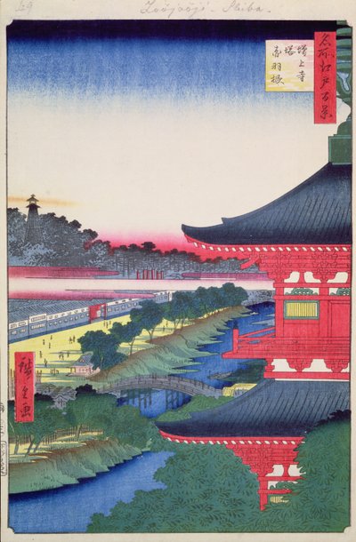 Pagoda Zojoji i Akabane ze stu słynnych widoków Edo, 1857 (kolorowy druk drzeworytu) autorstwa Utagawa Hiroshige