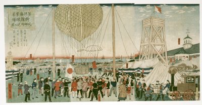 Japońska marynarka wojenna testuje balon na ogrzane powietrze w Tsukiji autorstwa Utagawa Hiroshige III