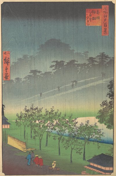 Wieczorny widok Kiribaty w deszczu w Akasace, 1859. autorstwa Utagawa Hiroshige II