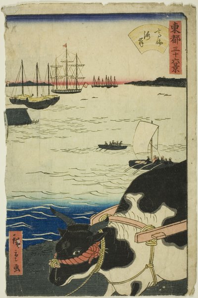 Plaża w Takanawie (Takanawa kaigan), z serii „Trzydzieści sześć widoków na wschodnią stolicę (Toto sanjurokkei)” autorstwa Utagawa Hiroshige II
