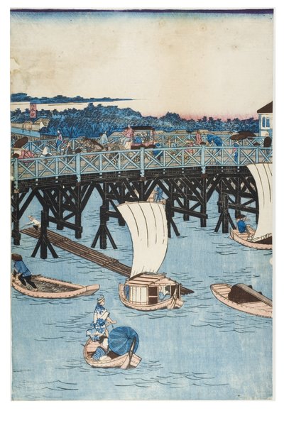 Znane miejsca w Tokio, prawdziwy widok na most Ryogoku autorstwa Utagawa II Hiroshige