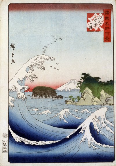 Góra Fuji za niespokojnym morzem - japońska grafika Hiroshige autorstwa Utagawa II Hiroshige