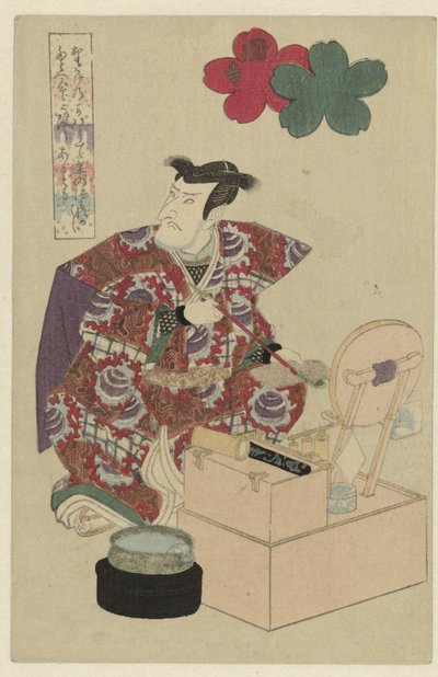 Mężczyzna przy swojej toaletce Świątynia Sekidera (tytuł na obiekcie) autorstwa Utagawa Kunisada (I) (attributed to)