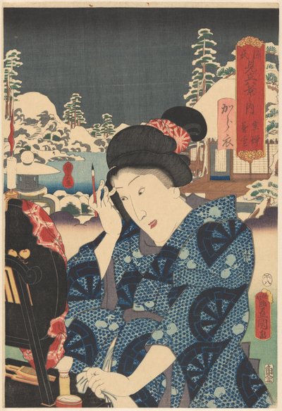 Zalegający śnieg na Utsusemi (tytuł na obiekcie) Genji dopasowany do ośmiu widoków (tytuł serii na obiekcie) autorstwa Utagawa Kunisada (I)