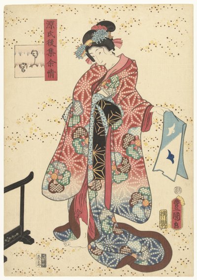 Książę Genji odświeża Trwałe wrażenia z późniejszej kolekcji Genji (tytuł serii) Genji goshu yojo (tytuł serii na obiekcie) autorstwa Utagawa Kunisada (I)