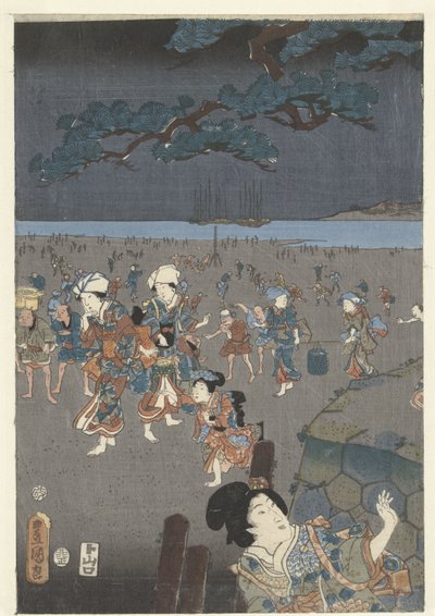 Zbieranie muszelek na plaży Akashi Akashi no ura shiogari no zu autorstwa Utagawa Kunisada (I)