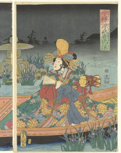 Fale wroga zbliżają się do współczesnego księcia Genji Imayo Genji yoseru adanami (tytuł na obiekcie) autorstwa Utagawa Kunisada (I)