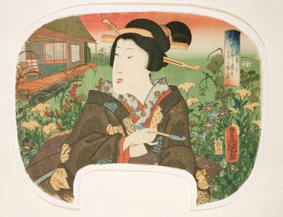 Jesień, Hanayashiki: Gejsza z fajką, projekt na wachlarz z zestawu czterech pór roku, 1858-60 (drewnodruk) autorstwa Utagawa Kunisada