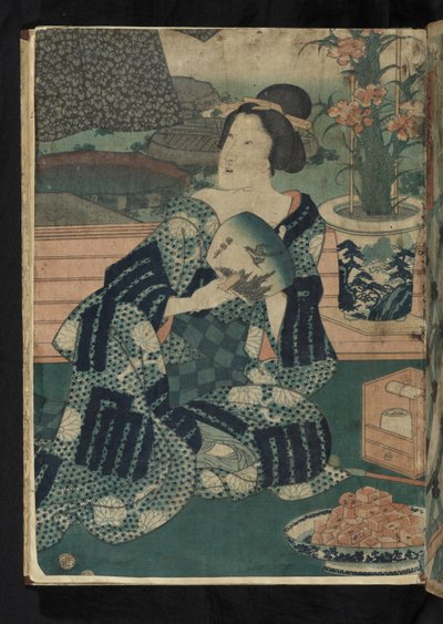 Avant et après - siedząca Japonka wachlująca się z „Szóstego miesiąca: letnie wietrzenie ubrań” autorstwa Utagawa Kunisada