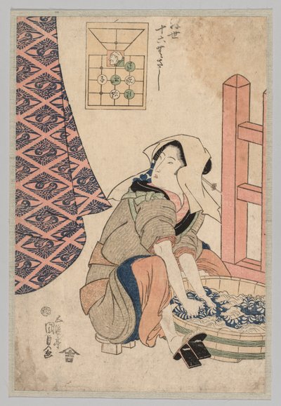 Siedząca kobieta pierze ubrania w drewnianej wannie autorstwa Utagawa Kunisada