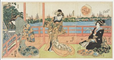 Shinmachi w Osace: wysokiej rangi kurtyzany bawią się w restauracji Ukamuse, z serii „Słynne restauracje w prowincjach” autorstwa Utagawa Kunisada