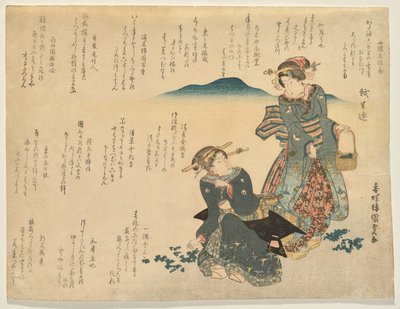 Dwie kobiety zbierające siedem tradycyjnych ziół na Nowy Rok autorstwa Utagawa Kunisada
