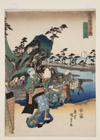 Widok Okitsu (Okitsu no zu) (kolorowy drzeworyt) autorstwa Utagawa Kunisada