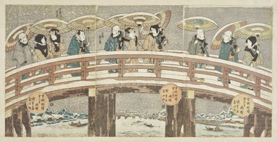 Zimowa scena z obiecującą procesją aktorów autorstwa Utagawa Kunisada