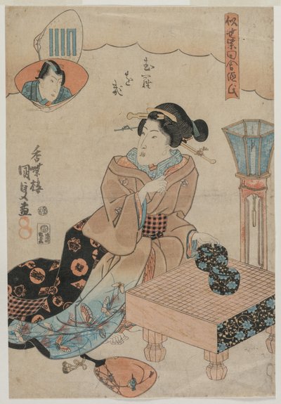 Kobieta przygotowuje się do gry Go. autorstwa Utagawa Kunisada