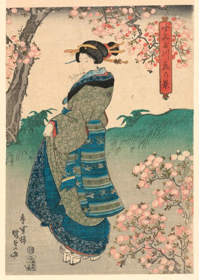 Kobieta oglądająca kwiaty wiśni na brzegu rzeki Sumida (Sumidagawa hana no kei) autorstwa Utagawa Kunisada