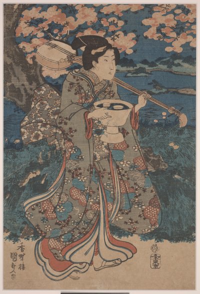 Idąc na Wiśnię Wiśniową (kolorowy drzeworyt) autorstwa Utagawa Kunisada III