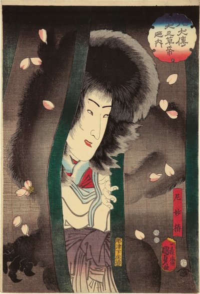 Zakonnica kot (Ama Myochin) (aktor Segawa Kikunojo V), XII/1852 z serii „Z psiej bajki, opowieść o ośmiu psich bohaterach (Hakkenden inu no soshi no uchi)” autorstwa Utagawa Kunisada II