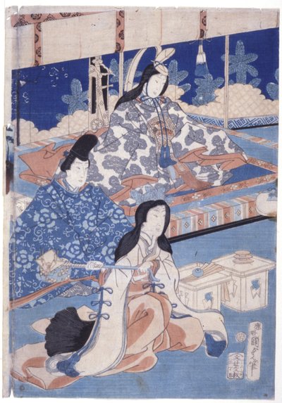 Powitanie wiosny bukietem kwiatów (Hana Soroi Haru No Taimen) (drzeworyt kolorowy) autorstwa Utagawa Kunisada II