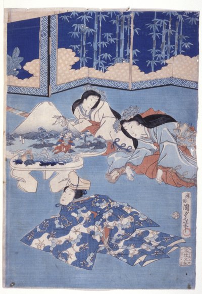 Dando as boas-vindas à primavera com uma colheita de flores (Hana Soroi Haru No Taimen) (impressão em xilogravura colorida)polonês autorstwa Utagawa Kunisada II