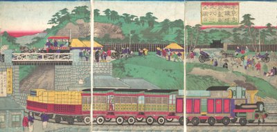 Ilustracja przedstawiająca lokomotywę parową jadącą koleją Takanawa w Tokio Tokyo ta..., ca. 1873. autorstwa Utagawa Kuniteru