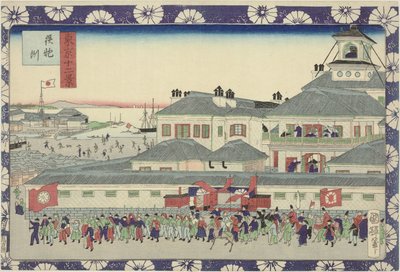 Wejście do hotelu Tsukiji Teppozu (tytuł na obiekcie) Dwanaście widoków Tokio (tytuł serii) Tokyo Jun Kei (tytuł serialu na obiekcie) autorstwa Utagawa Kuniteru II