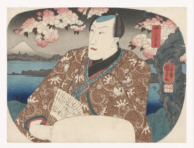Aktor z wachlarzem pod kwiatem wiśni autorstwa Utagawa Kuniyoshi