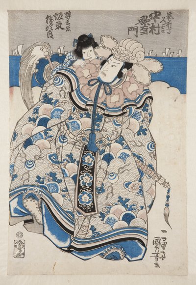 Actors Nakamura Utaemon IV as Chikuzen no kami Hisayoshi, Band? Katsujir? as Teruwaka no Kimi (colour woodblock print) autorstwa Utagawa Kuniyoshi