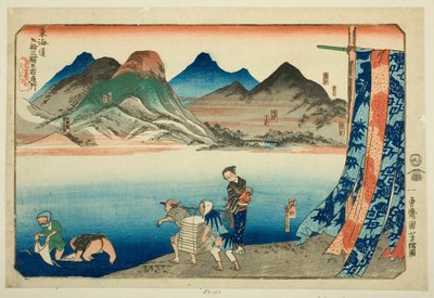 Akasaka, Fujikawa, Okazaki, Chiryu i Narumi, z serii „Słynne miejsca na pięćdziesięciu trzech stacjach Tokaido, pięć stacji (Tokaido gojusan eki goshuku meisho)” autorstwa Utagawa Kuniyoshi