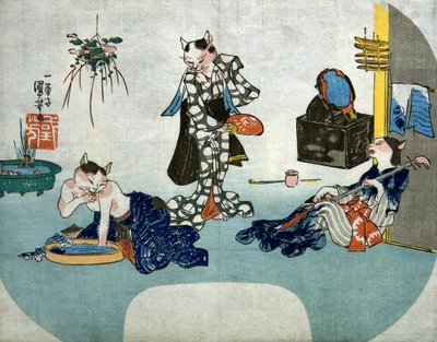 Koty antropomorficzne odpoczywają latem, ok. 1842 r. autorstwa Utagawa Kuniyoshi