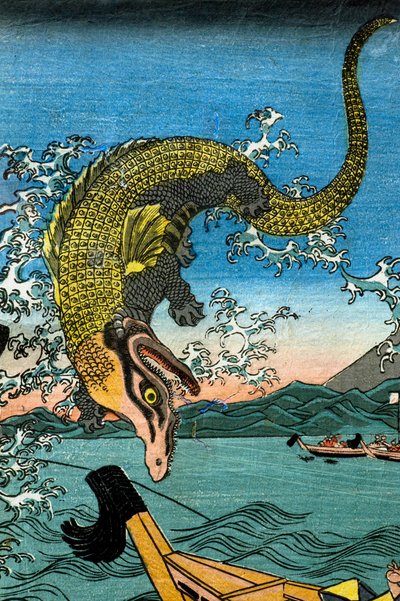 Walka Asahiny Yoshihide z dwoma krokodylami w morzu przy Kamakura Kotsubo autorstwa Utagawa Kuniyoshi