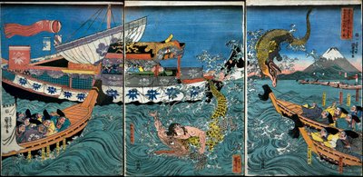 Walka Asahiny Yoshihide z dwoma krokodylami w morzu przy Kamakura Kotsubo autorstwa Utagawa Kuniyoshi