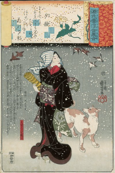 Bijin z psem na śniegu, z serii Genji mitate autorstwa Utagawa Kuniyoshi