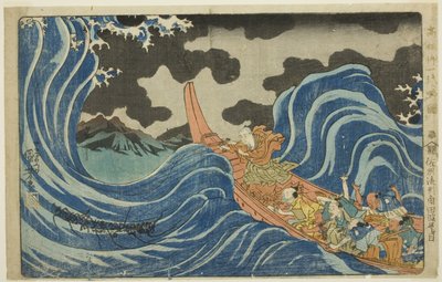 Rzucanie mantry na falach w Kakucie na wygnaniu na wyspę Sado (Sashu rukei Kakuta nami daimoku), z serii „Zwięzła ilustrowana biografia wielkiego kapłana [Nichiren] (Koso go ichidai ryakuzu)” autorstwa Utagawa Kuniyoshi