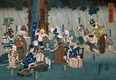 Comic Animals Taking Shelter from Rain (Dōke kemono no amayadori), c.1842 autorstwa Utagawa Kuniyoshi